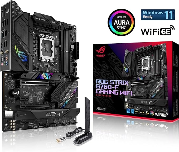ASUS ROG Strix B760-F Gaming WiFi Intel® B760(13th and 12th Gen) LGA 1700 ATX Motherboard,16 + 1 Power Stages,DDR5 up to 7800 MT/s,PCIe 5.0,3xM.2 Slots,WiFi 6E,USB 3.2 Gen 2x2 Type-C®,Aura Sync RGB ASUS ROG Strix B760-F Gaming WiFi Intel® B760(13th and 12th Gen) LGA 1700 ATX Motherboard,16 + 1 Power Stages,DDR5 up to 7800 MT/s,PCIe 5.0,3xM.2 Slots,WiFi 6E,USB 3.2 Gen 2x2 Type-C®,Aura Sync RGB